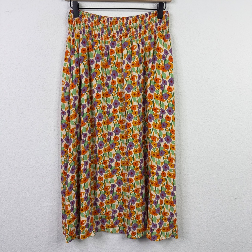 Monoprix Skirt S Colorful‎ Floral Smocked Waist Boho Cottagecore Prairie Retro